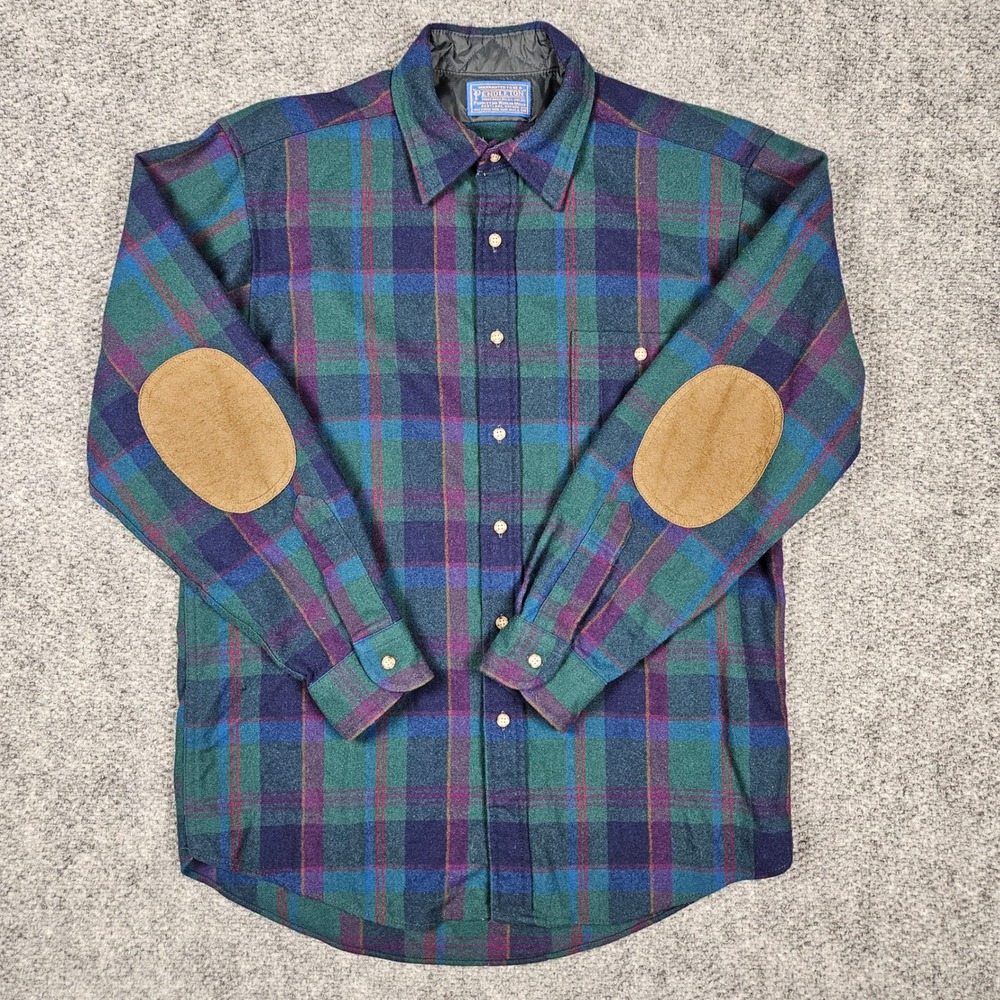 Vintage Pendleton Shirt Men's Medium Green Plaid Wool Flannel Elbow Patch Button